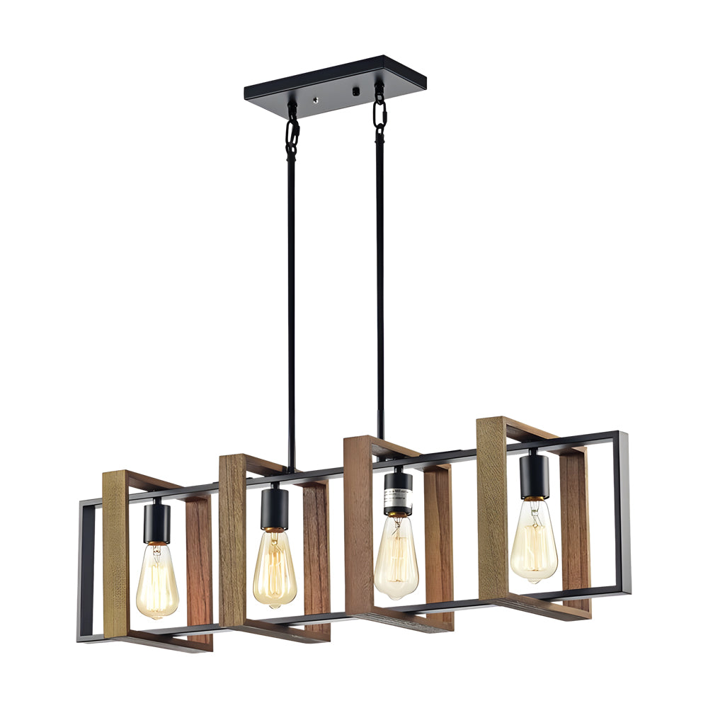 Industrial Wood Frame Linear Chandelier Vintage American Style Dining Room and Kitchen Island Pendant Light