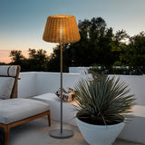IP65 Waterproof Hand Woven Rattan Outdoor Floor Lamp with Black Metal Base and Synthetic Shade