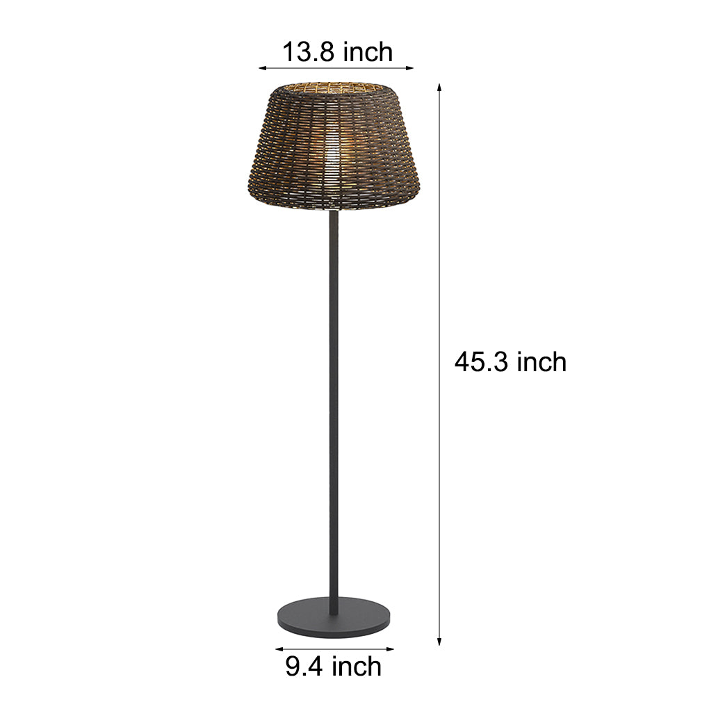 IP65 Waterproof Hand Woven Rattan Outdoor Floor Lamp with Black Metal Base and Synthetic Shade