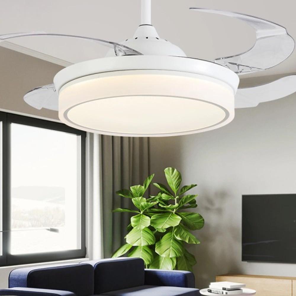 Modern White Retractable Ceiling Fan with LED Light and 4 Invisible Blades