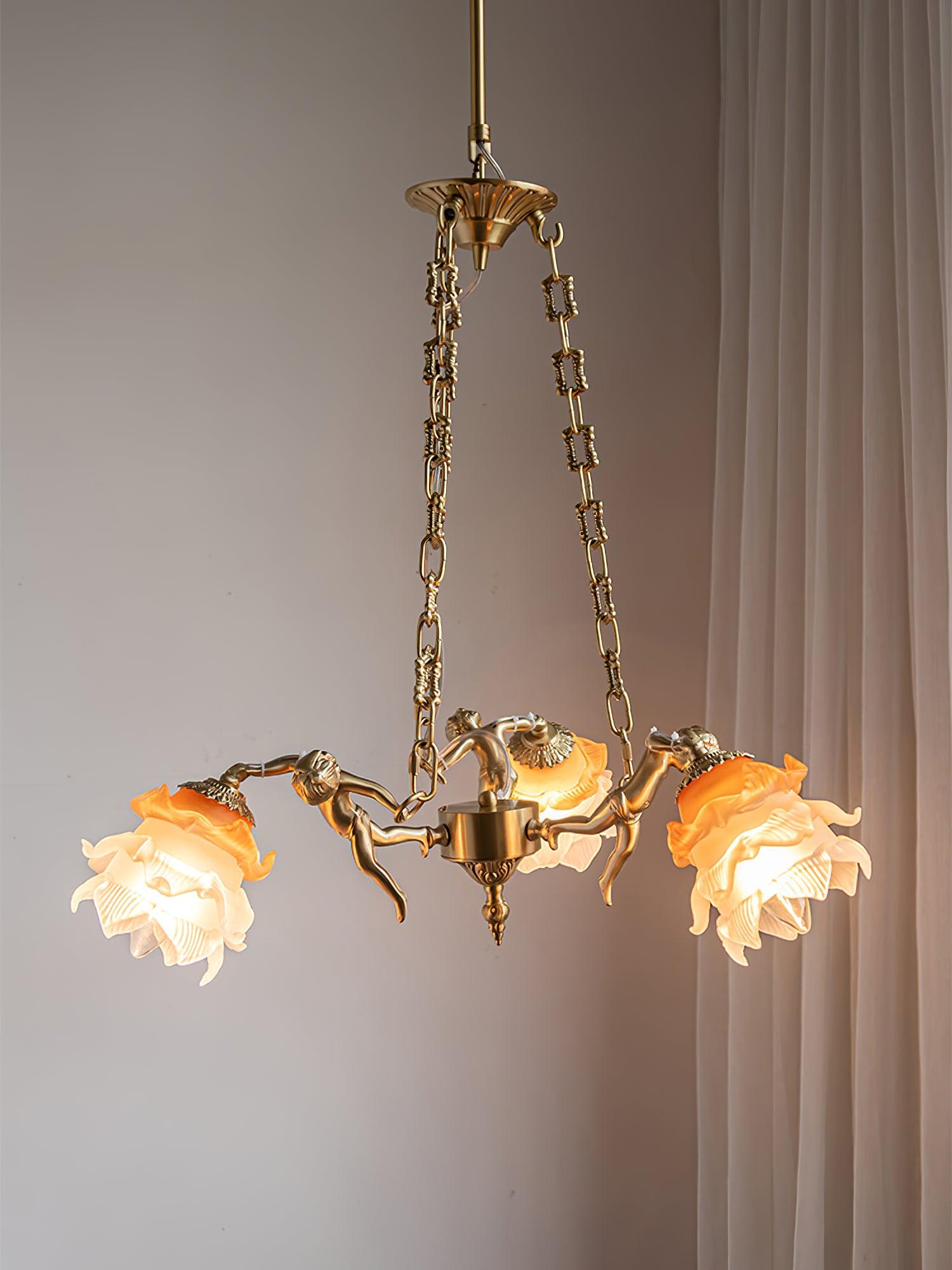 italian-aged-brass-putti-statuette-pendant-light-with-frosted-glass-globes