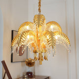 Italian Style Brass Palm Leaf Crystal Chandelier Vintage Flush Mount Ceiling Lamp
