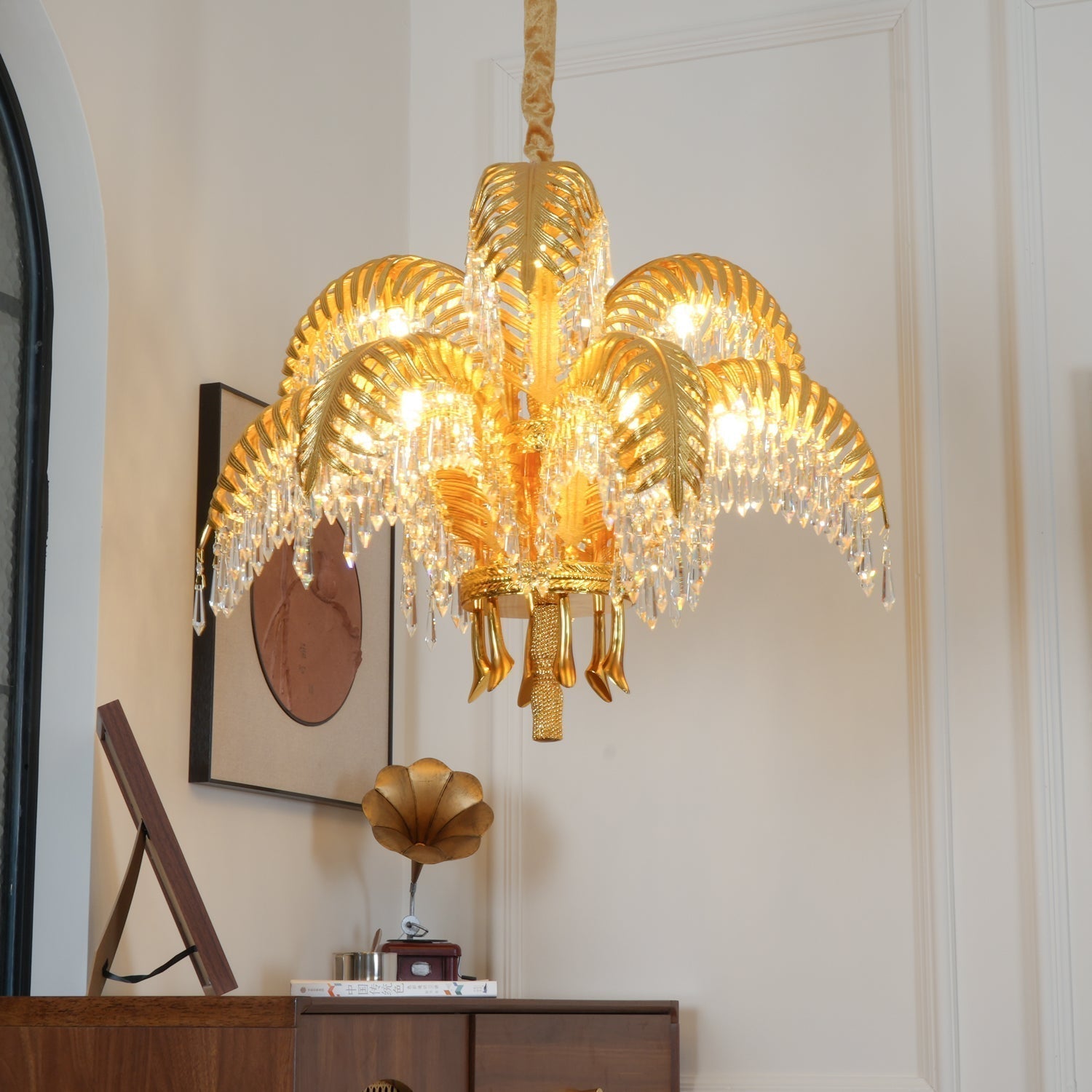 Italian Style Brass Palm Leaf Crystal Chandelier Vintage Flush Mount Ceiling Lamp