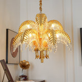 Italian Style Brass Palm Leaf Crystal Chandelier Vintage Flush Mount Ceiling Lamp
