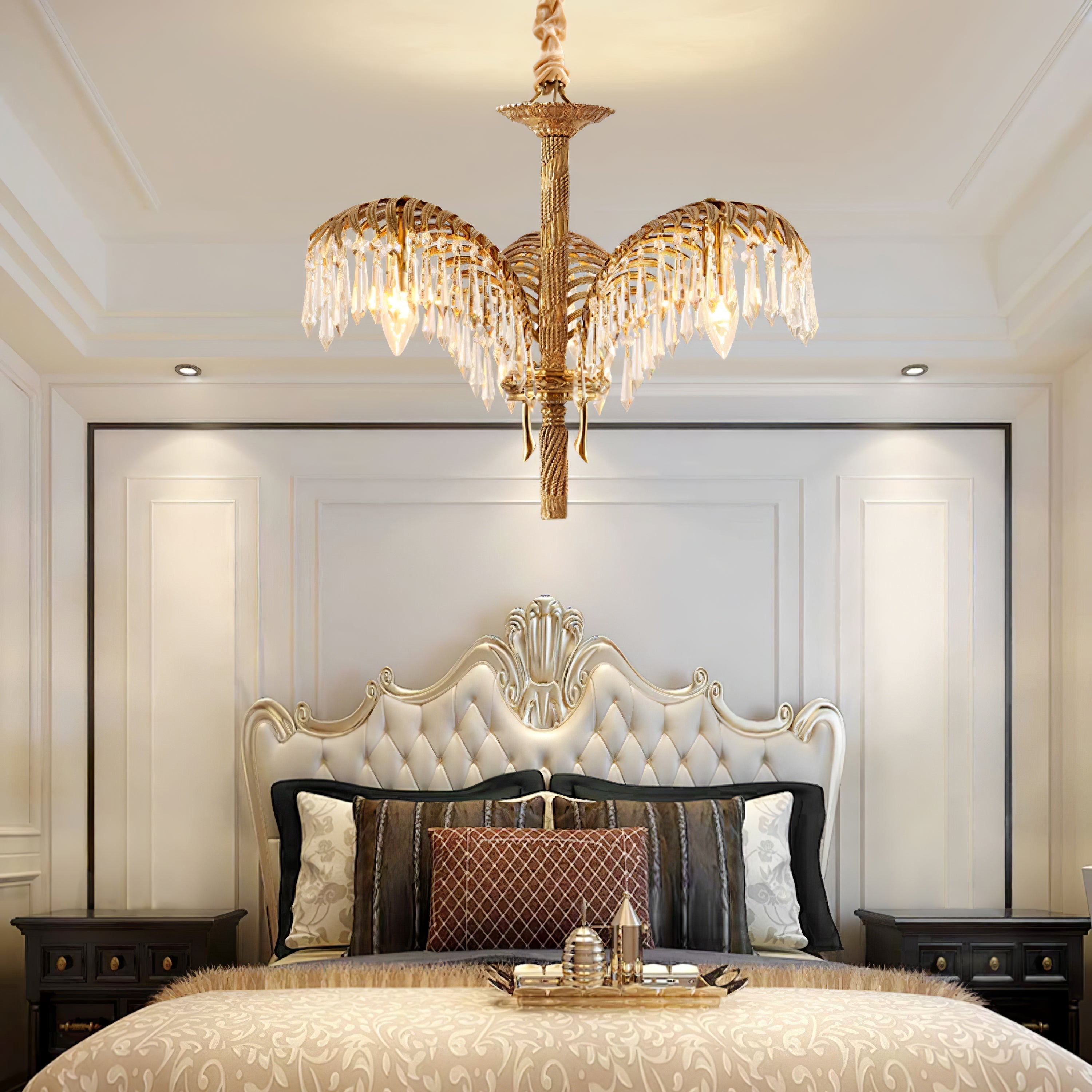 Italian Style Brass Palm Leaf Crystal Chandelier Vintage Flush Mount Ceiling Lamp