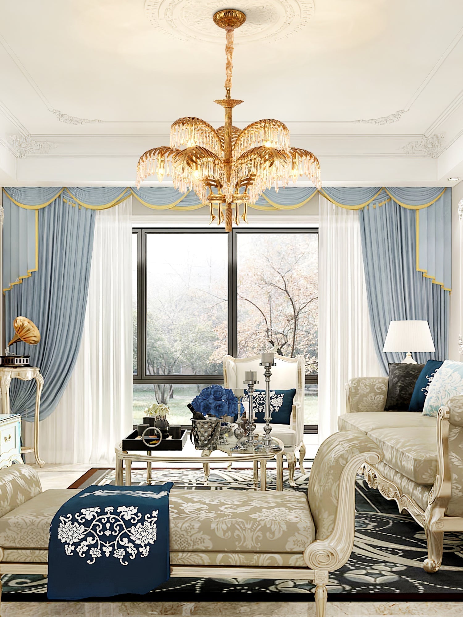 Italian Style Brass Palm Leaf Crystal Chandelier Vintage Flush Mount Ceiling Lamp