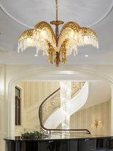 Italian Style Brass Palm Leaf Crystal Chandelier Vintage Flush Mount Ceiling Lamp