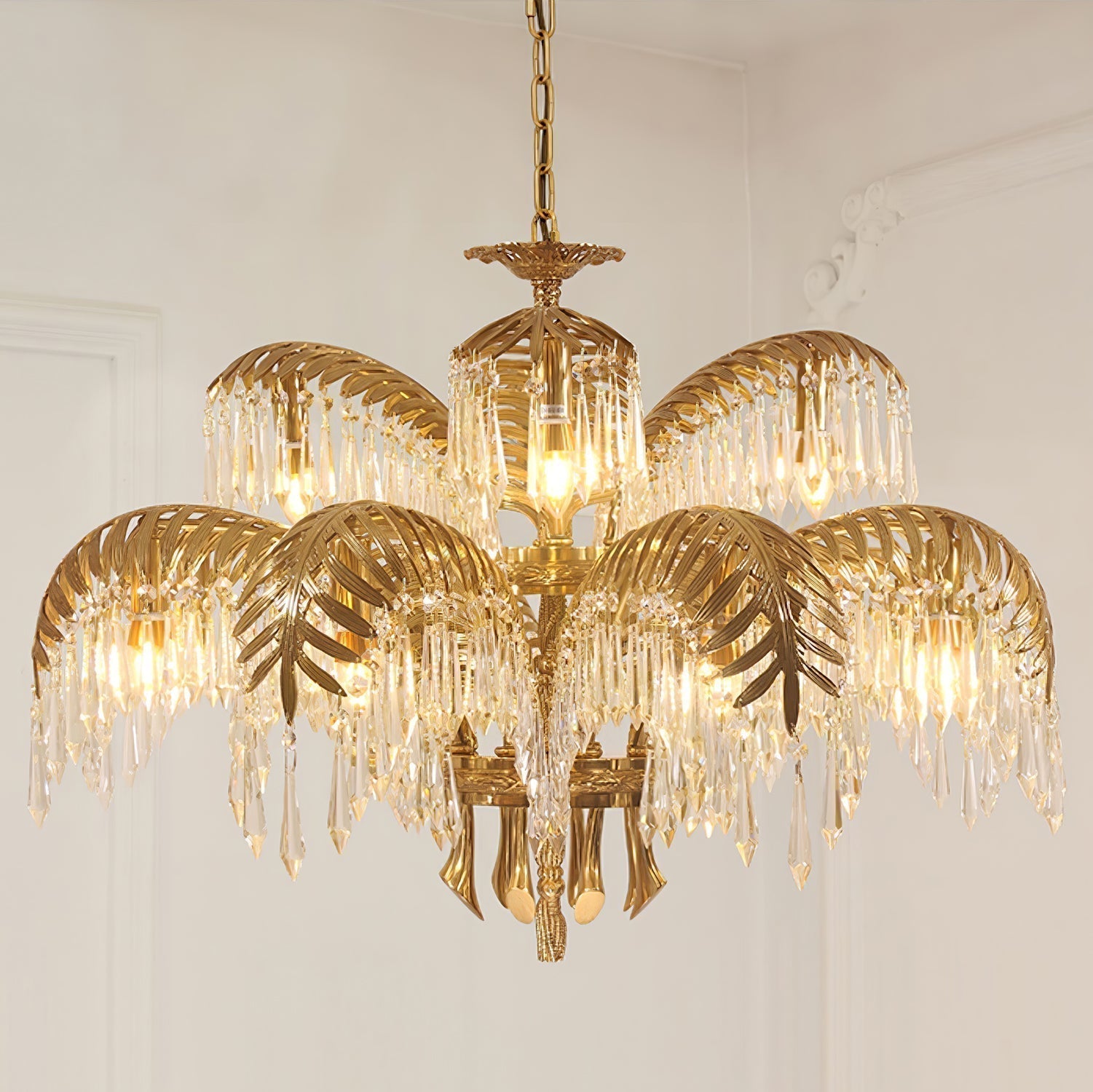 Italian Style Brass Palm Leaf Crystal Chandelier Vintage Flush Mount Ceiling Lamp