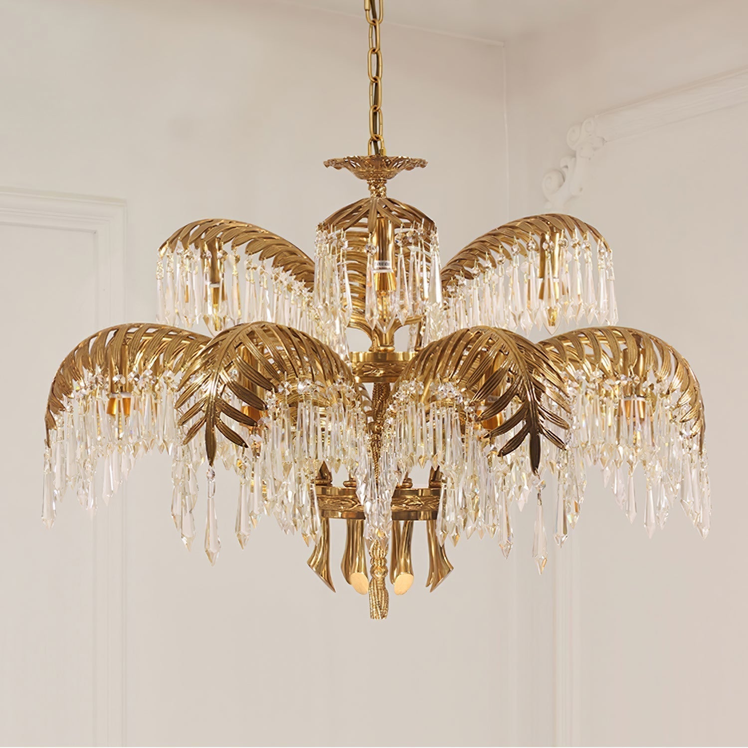 Italian Style Brass Palm Leaf Crystal Chandelier Vintage Flush Mount Ceiling Lamp