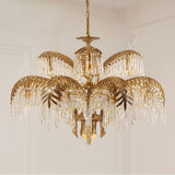 Italian Style Brass Palm Leaf Crystal Chandelier Vintage Flush Mount Ceiling Lamp