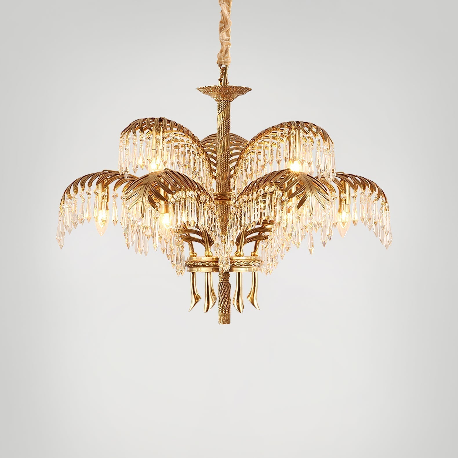 Italian Style Brass Palm Leaf Crystal Chandelier Vintage Flush Mount Ceiling Lamp