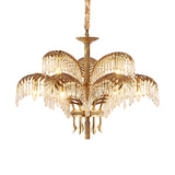 Italian Style Brass Palm Leaf Crystal Chandelier Vintage Flush Mount Ceiling Lamp