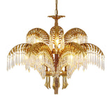 Italian Style Brass Palm Leaf Crystal Chandelier Vintage Flush Mount Ceiling Lamp