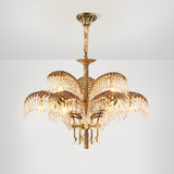 Italian Style Brass Palm Leaf Crystal Chandelier Vintage Flush Mount Ceiling Lamp