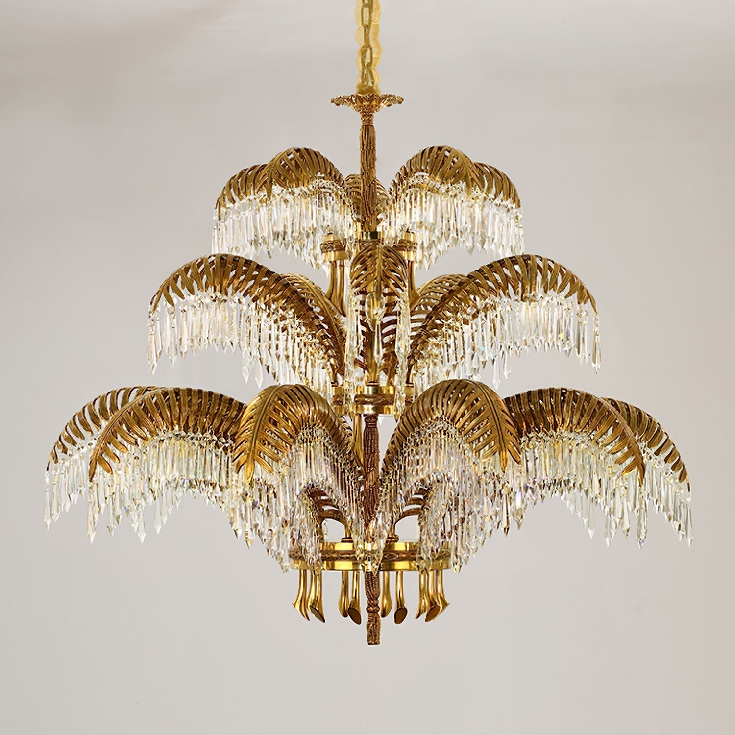 Italian Style Brass Palm Leaf Crystal Chandelier Vintage Flush Mount Ceiling Lamp