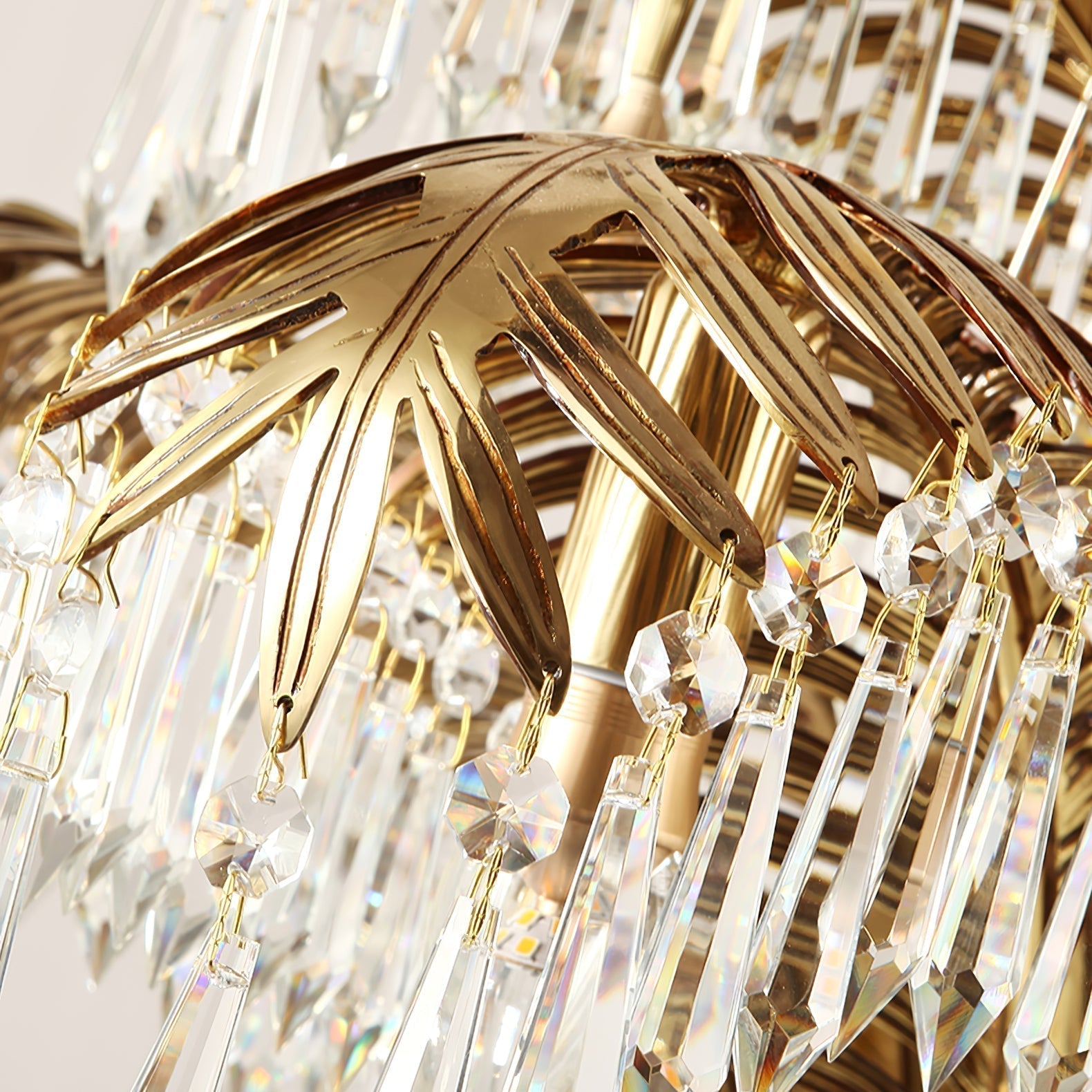 Italian Style Brass Palm Leaf Crystal Chandelier Vintage Flush Mount Ceiling Lamp