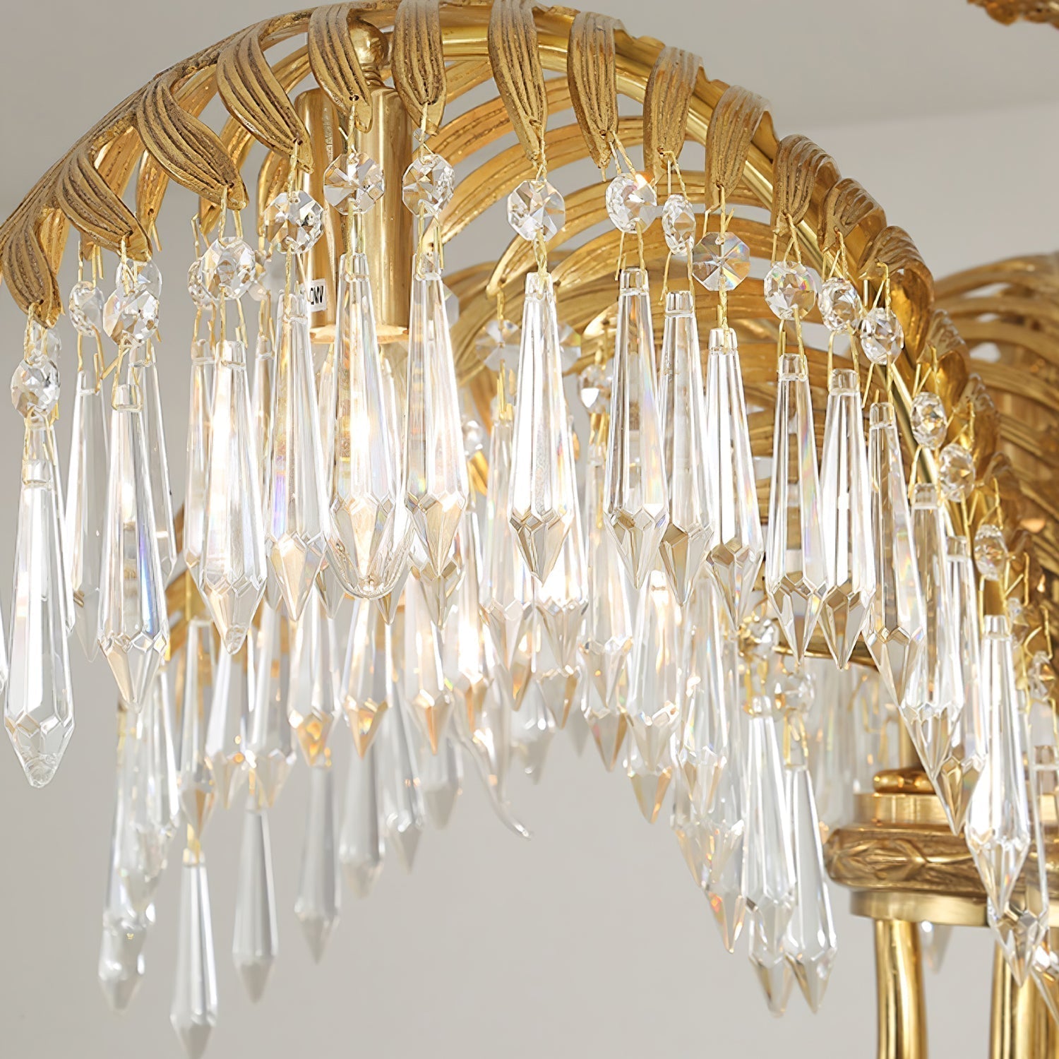 Italian Style Brass Palm Leaf Crystal Chandelier Vintage Flush Mount Ceiling Lamp