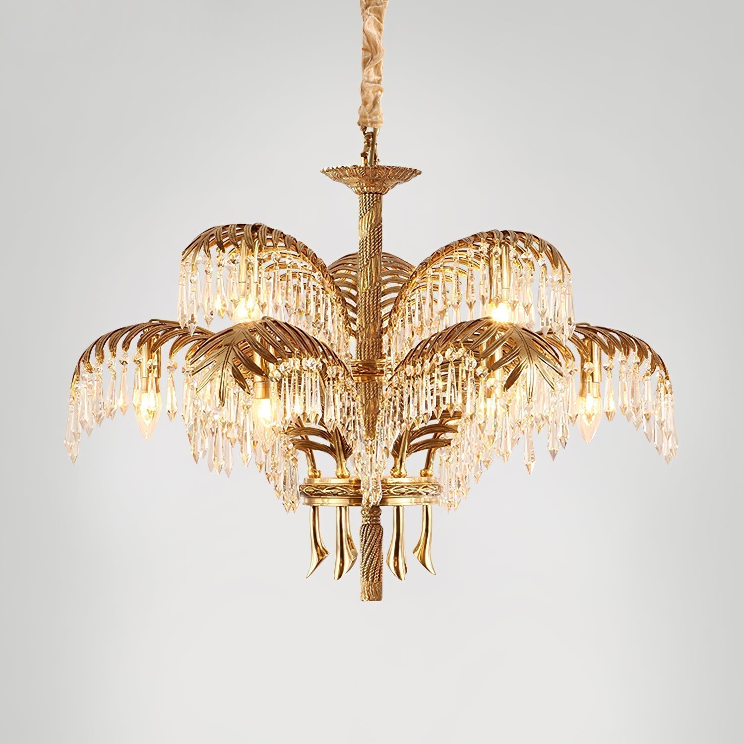 Italian Style Brass Palm Leaf Crystal Chandelier Vintage Flush Mount Ceiling Lamp