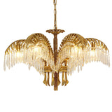 Italian Style Brass Palm Leaf Crystal Chandelier Vintage Flush Mount Ceiling Lamp