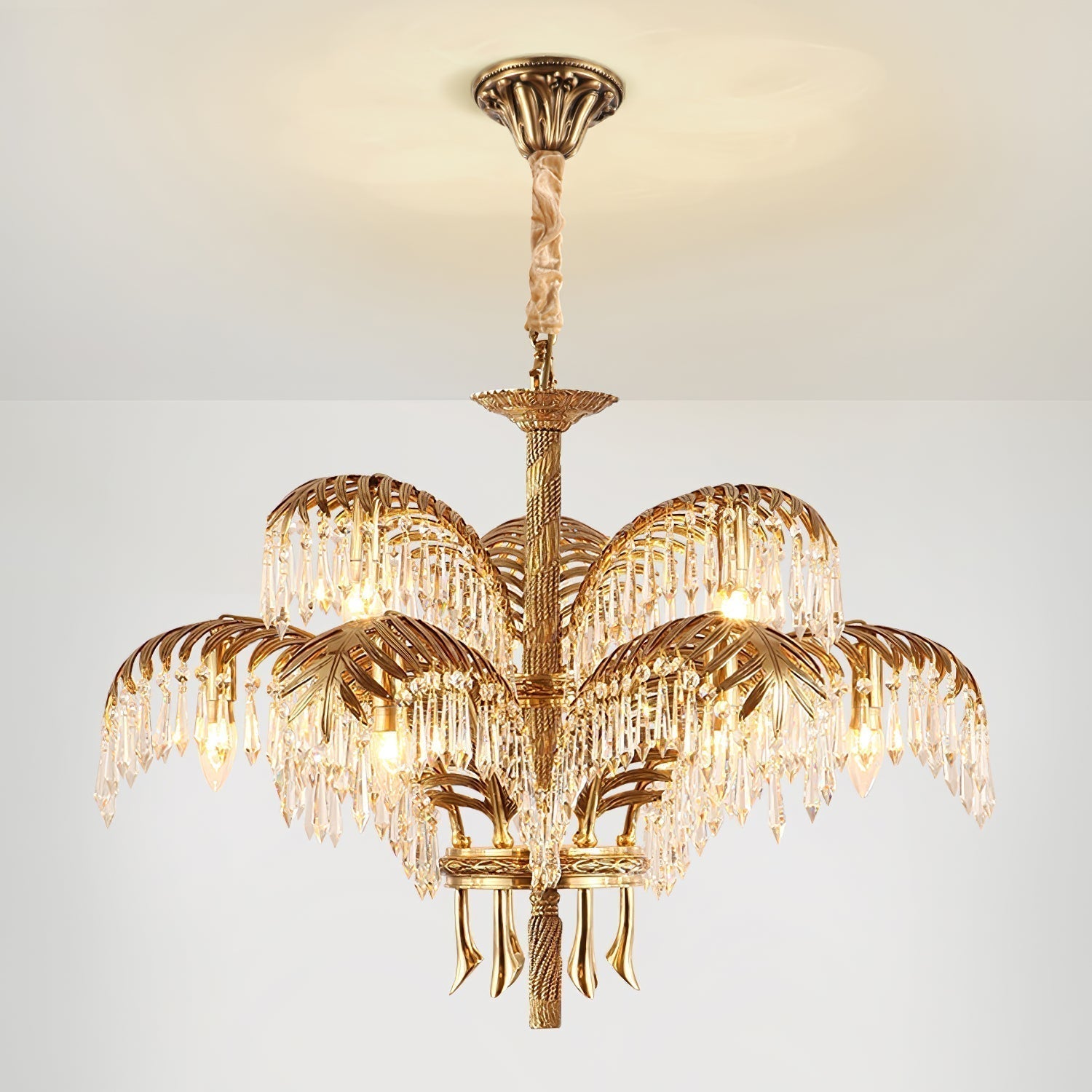 Italian Style Brass Palm Leaf Crystal Chandelier Vintage Flush Mount Ceiling Lamp
