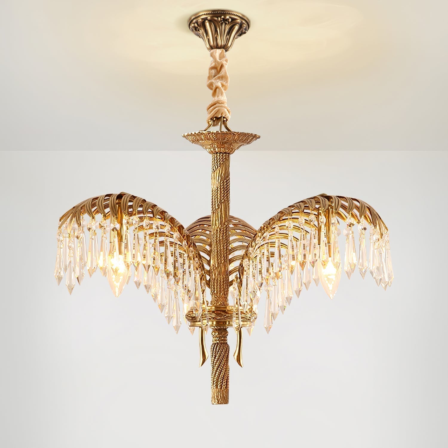 Italian Style Brass Palm Leaf Crystal Chandelier Vintage Flush Mount Ceiling Lamp
