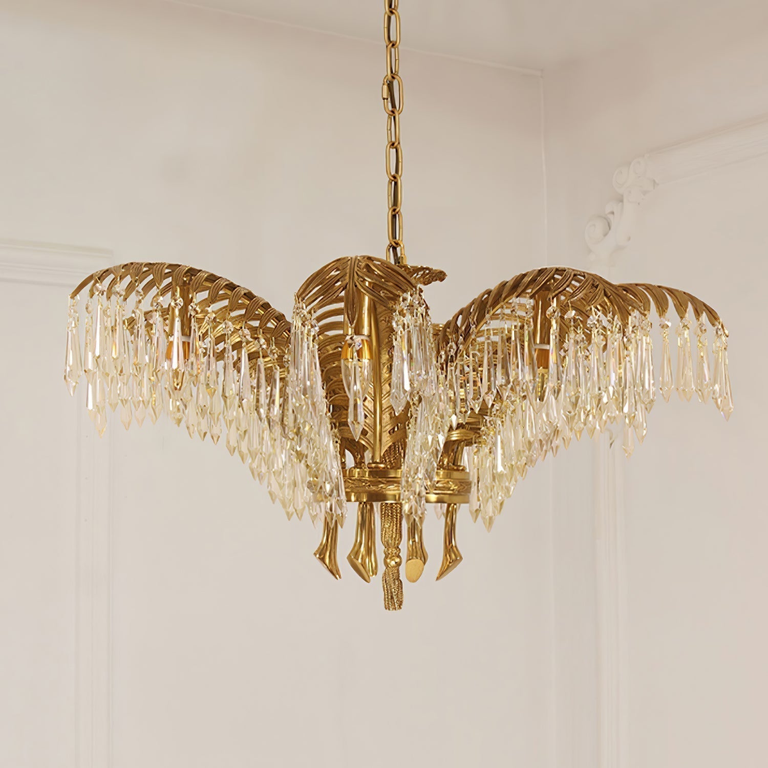 Italian Style Brass Palm Leaf Crystal Chandelier Vintage Flush Mount Ceiling Lamp
