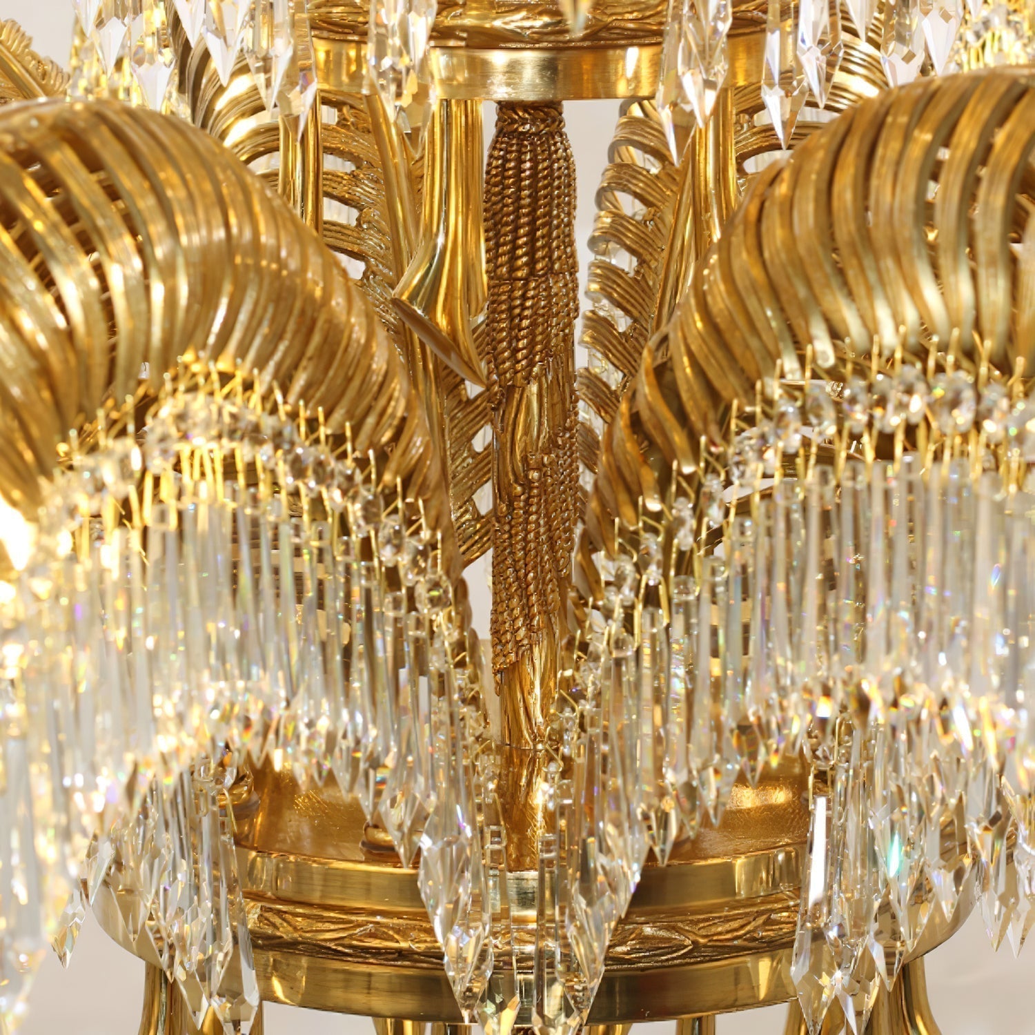 Italian Style Brass Palm Leaf Crystal Chandelier Vintage Flush Mount Ceiling Lamp