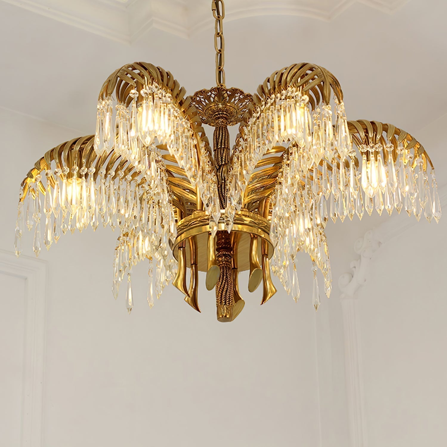 Italian Style Brass Palm Leaf Crystal Chandelier Vintage Flush Mount Ceiling Lamp