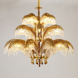 Italian Style Brass Palm Leaf Crystal Chandelier Vintage Flush Mount Ceiling Lamp