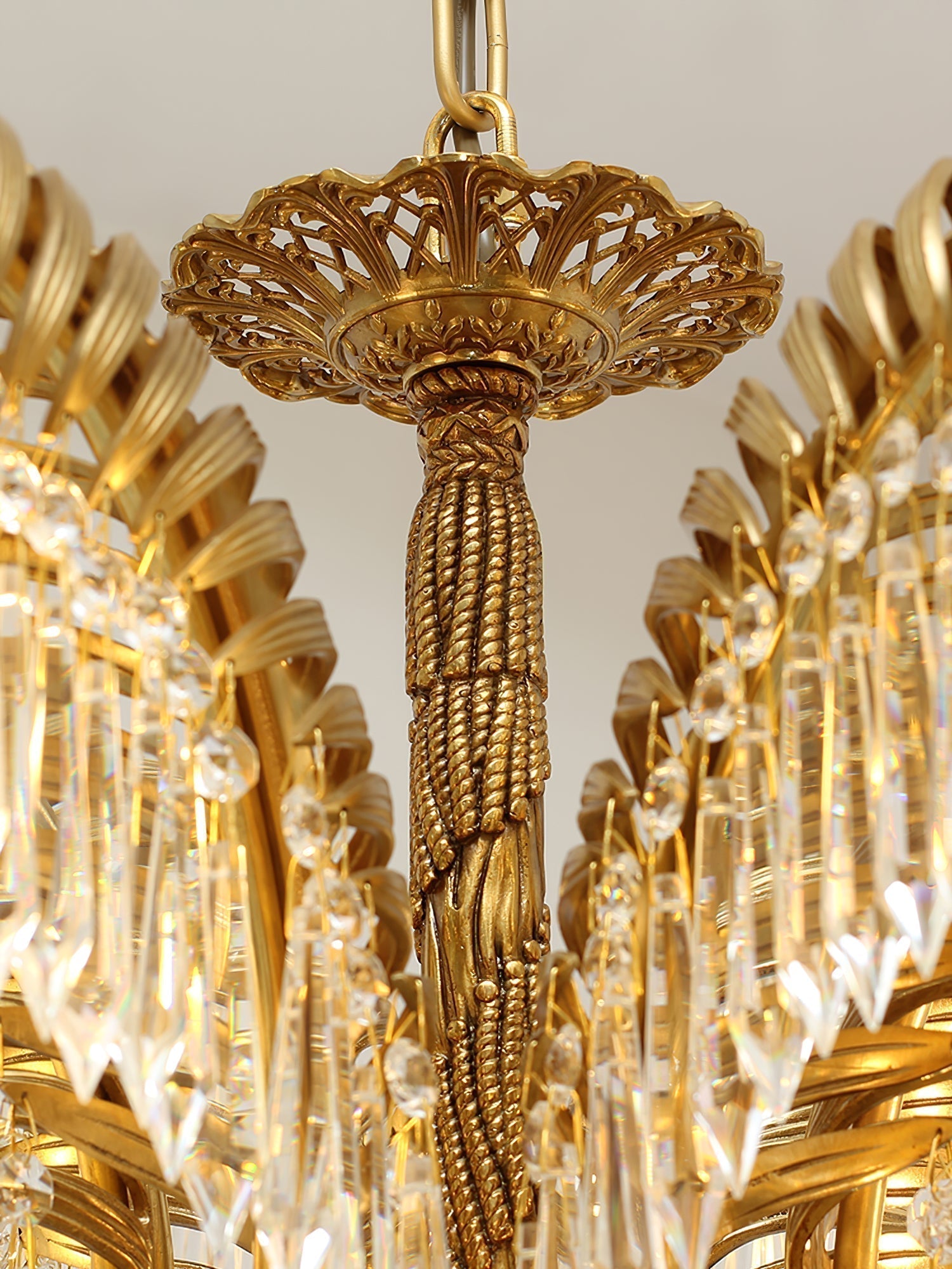 Italian Style Brass Palm Leaf Crystal Chandelier Vintage Flush Mount Ceiling Lamp