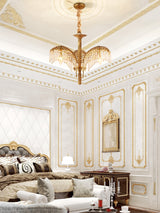 Italian Style Brass Palm Leaf Crystal Chandelier Vintage Flush Mount Ceiling Lamp