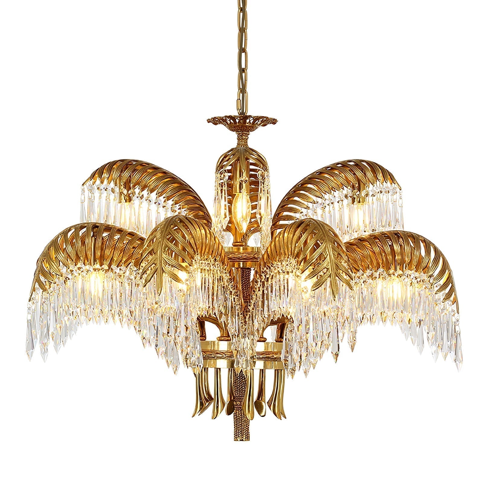 Italian Style Brass Palm Leaf Crystal Chandelier Vintage Flush Mount Ceiling Lamp