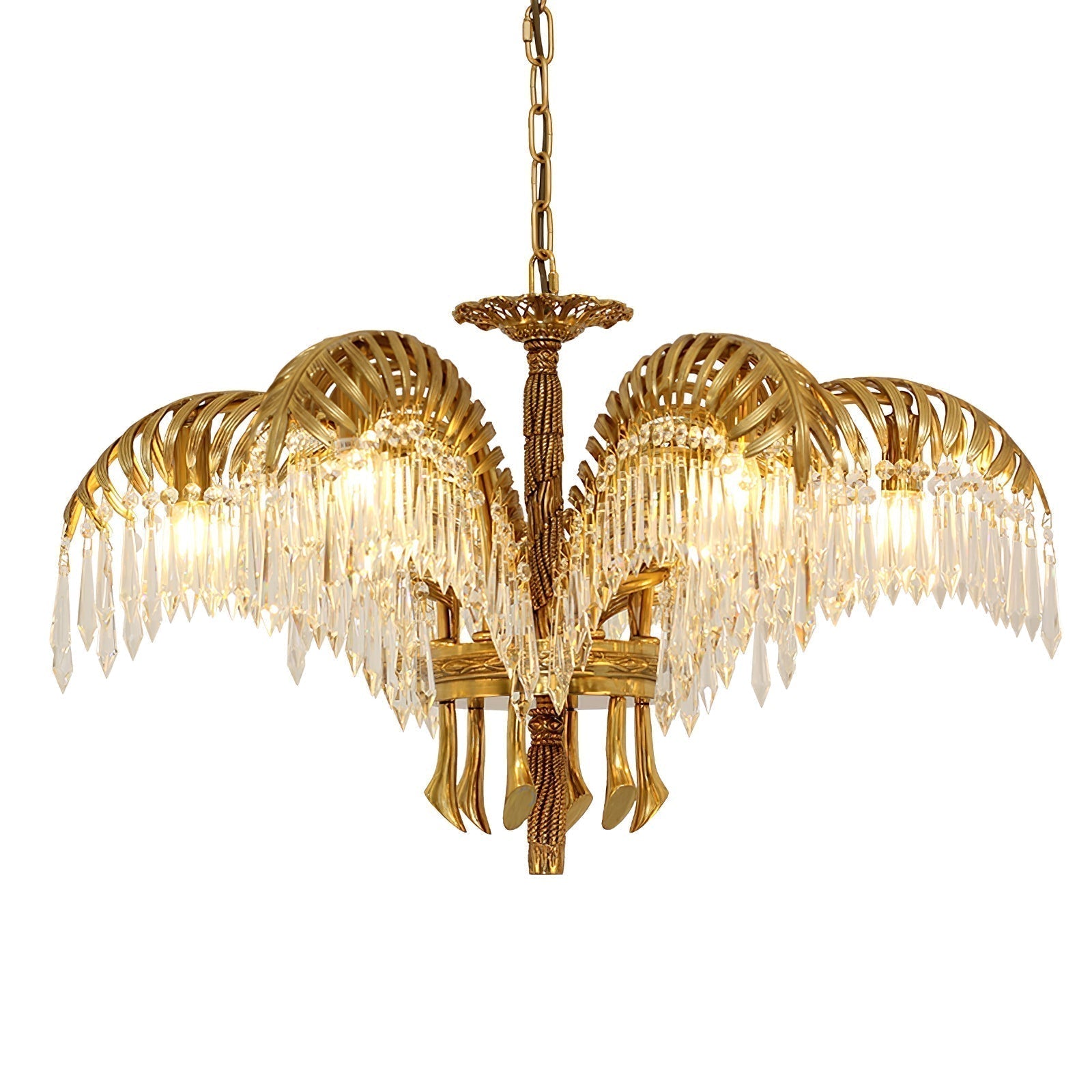 Italian Style Brass Palm Leaf Crystal Chandelier Vintage Flush Mount Ceiling Lamp