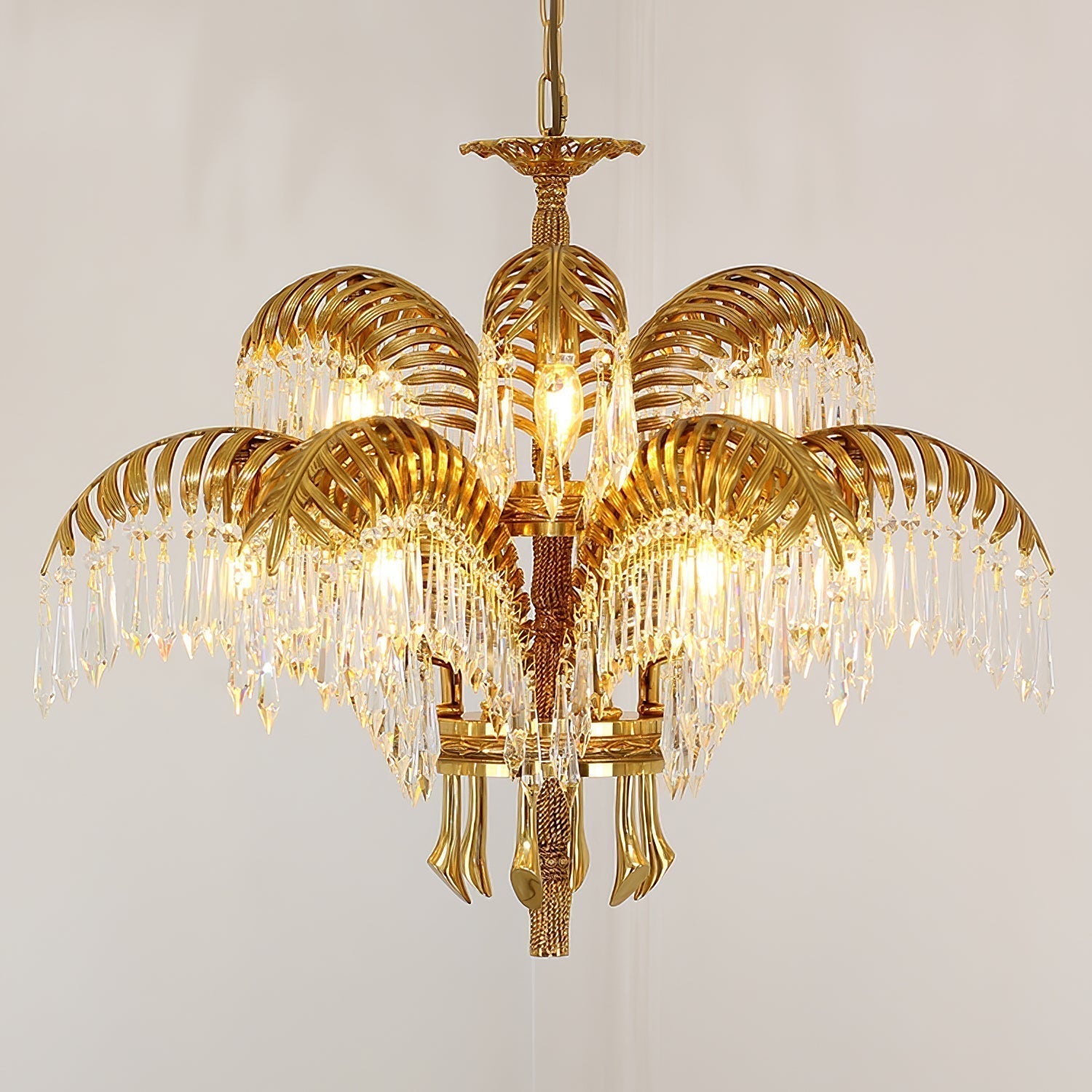 Italian Style Brass Palm Leaf Crystal Chandelier Vintage Flush Mount Ceiling Lamp
