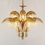 Italian Style Brass Palm Leaf Crystal Chandelier Vintage Flush Mount Ceiling Lamp