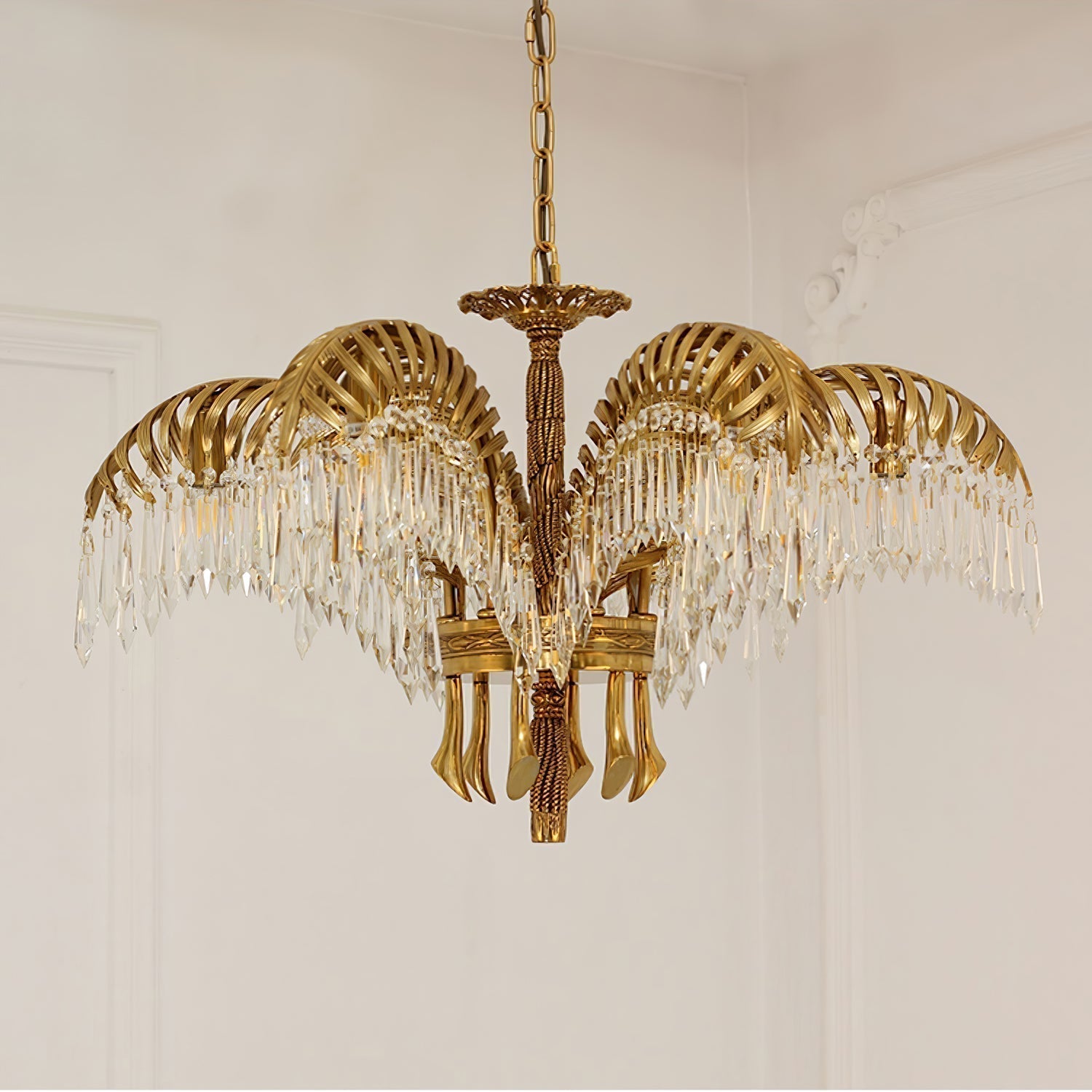 Italian Style Brass Palm Leaf Crystal Chandelier Vintage Flush Mount Ceiling Lamp