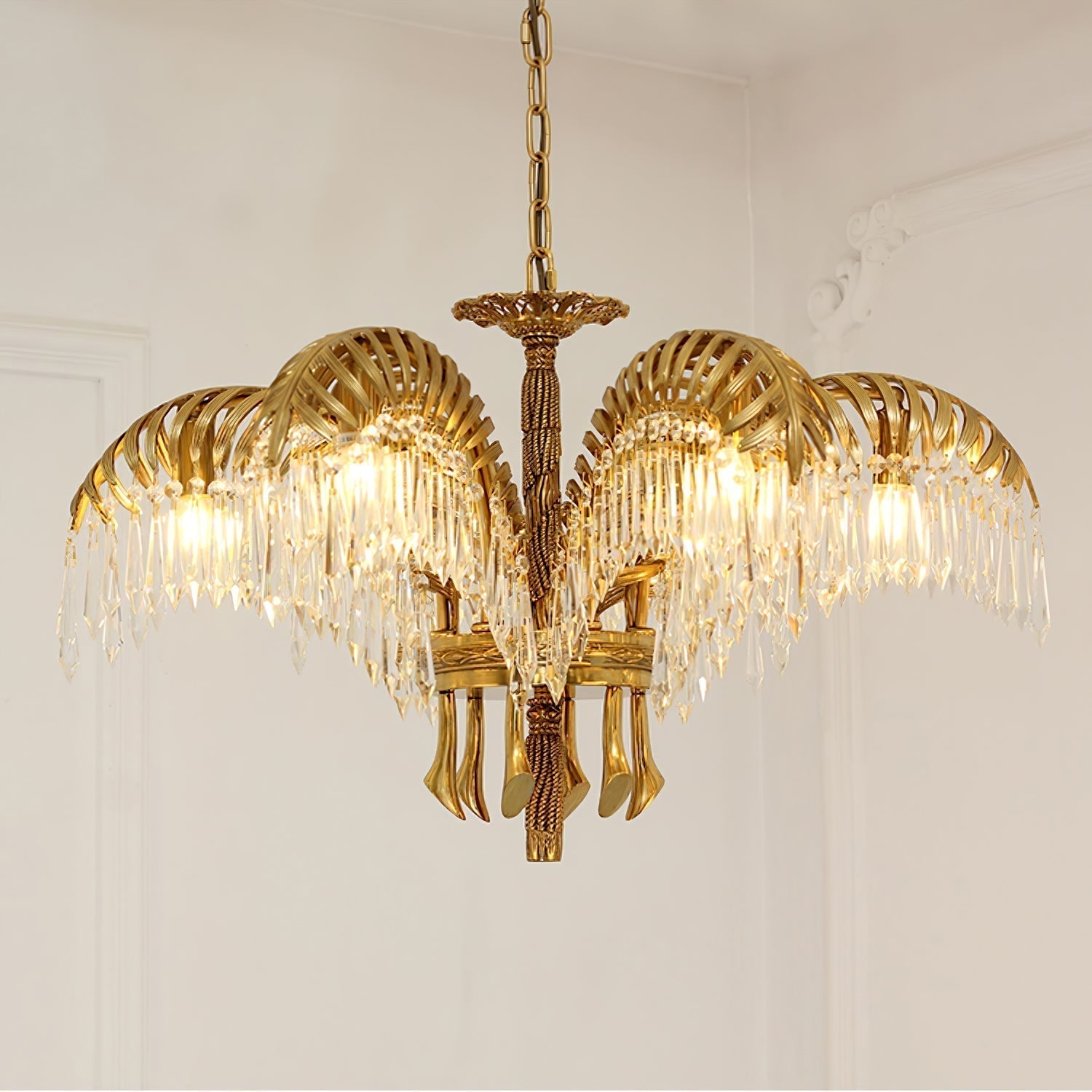 Italian Style Brass Palm Leaf Crystal Chandelier Vintage Flush Mount Ceiling Lamp