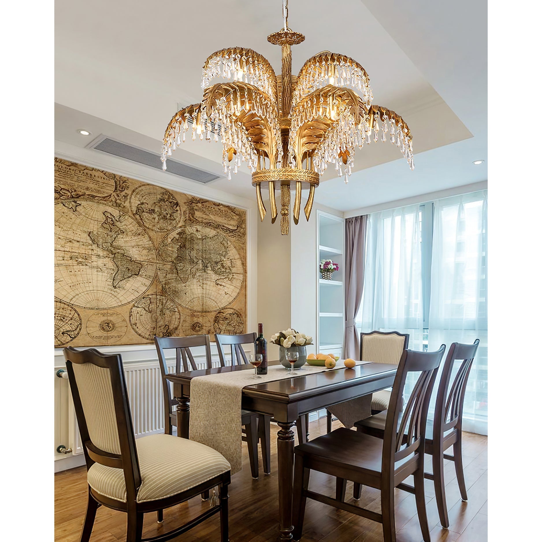 Italian Style Brass Palm Leaf Crystal Chandelier Vintage Flush Mount Ceiling Lamp