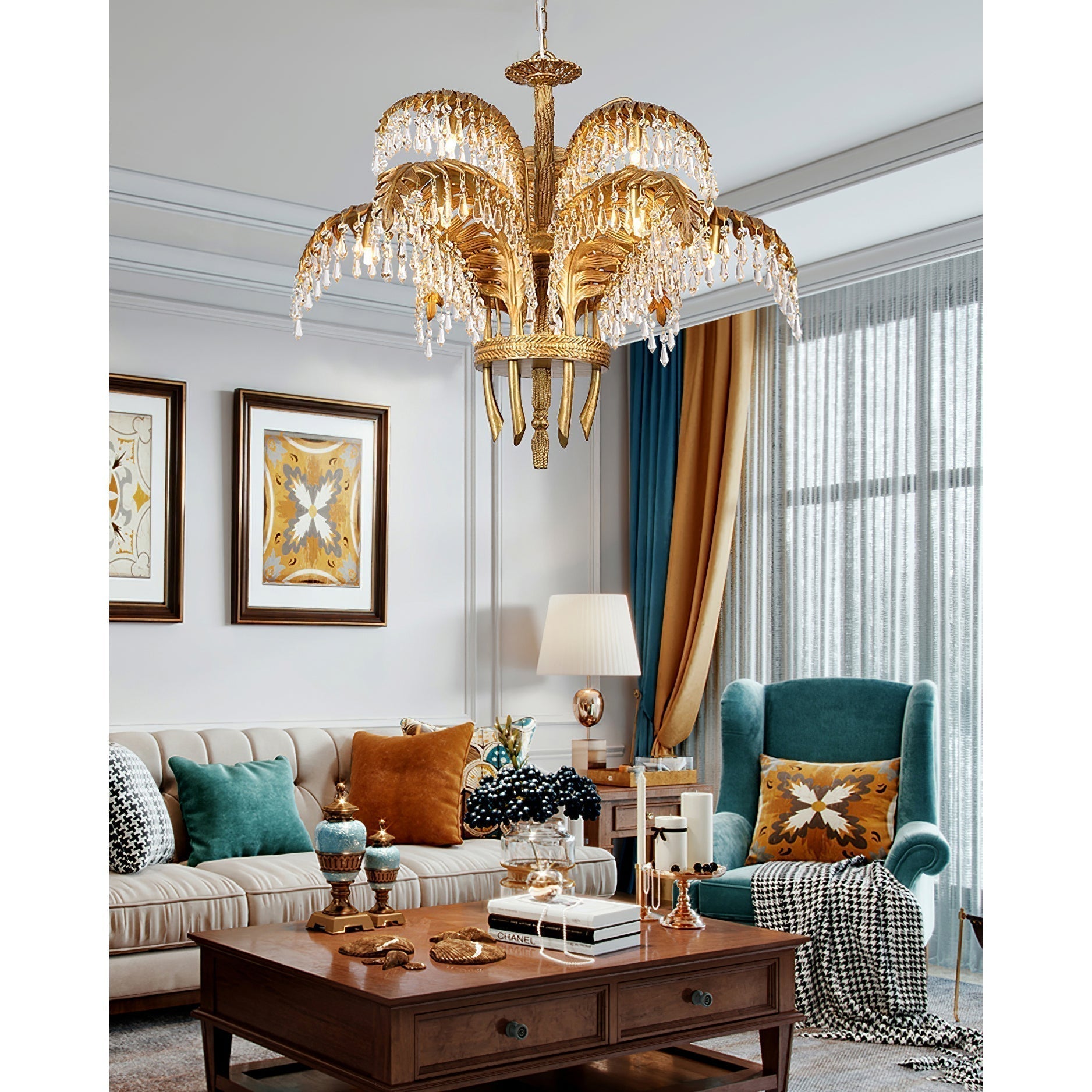 Italian Style Brass Palm Leaf Crystal Chandelier Vintage Flush Mount Ceiling Lamp