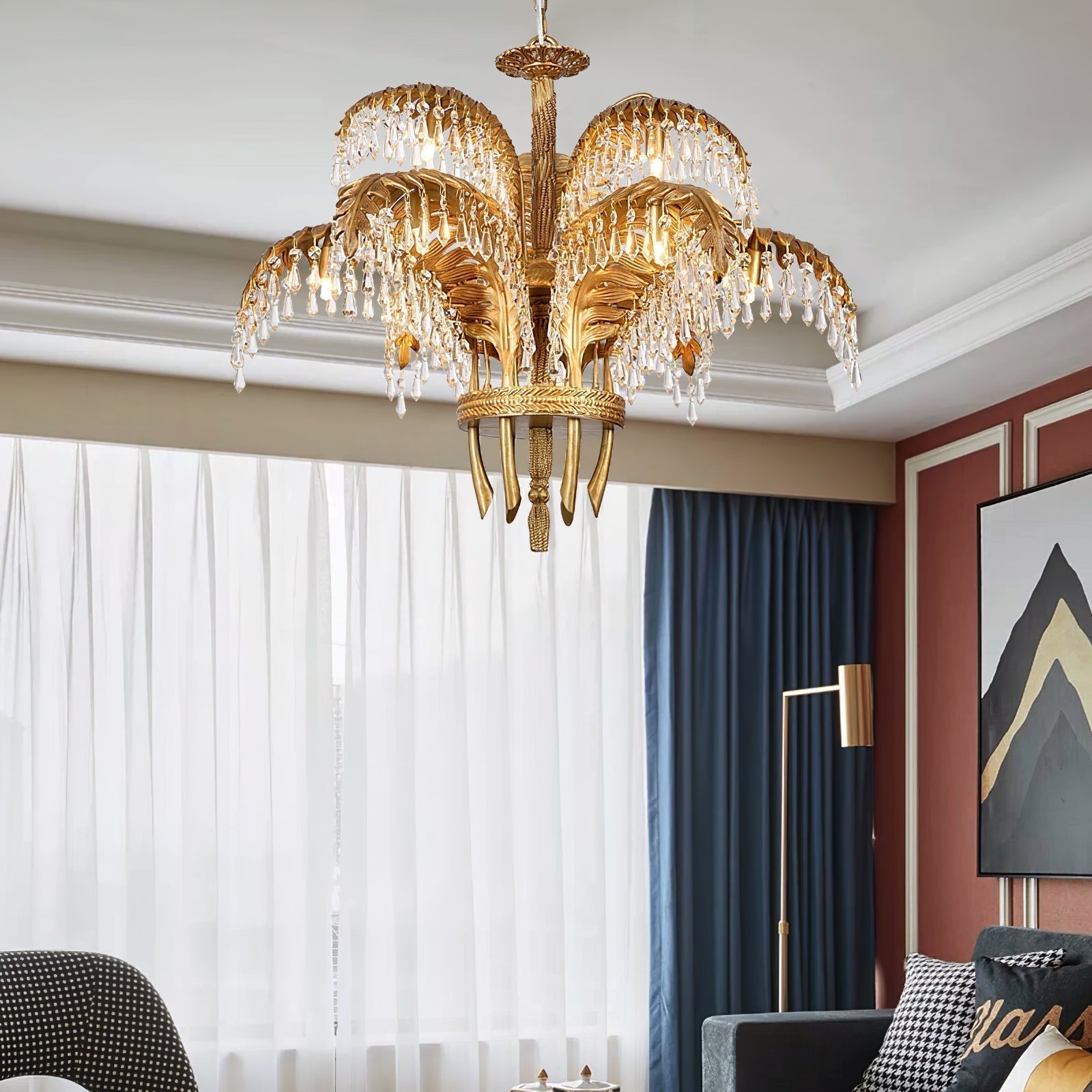 Italian Style Brass Palm Leaf Crystal Chandelier Vintage Flush Mount Ceiling Lamp