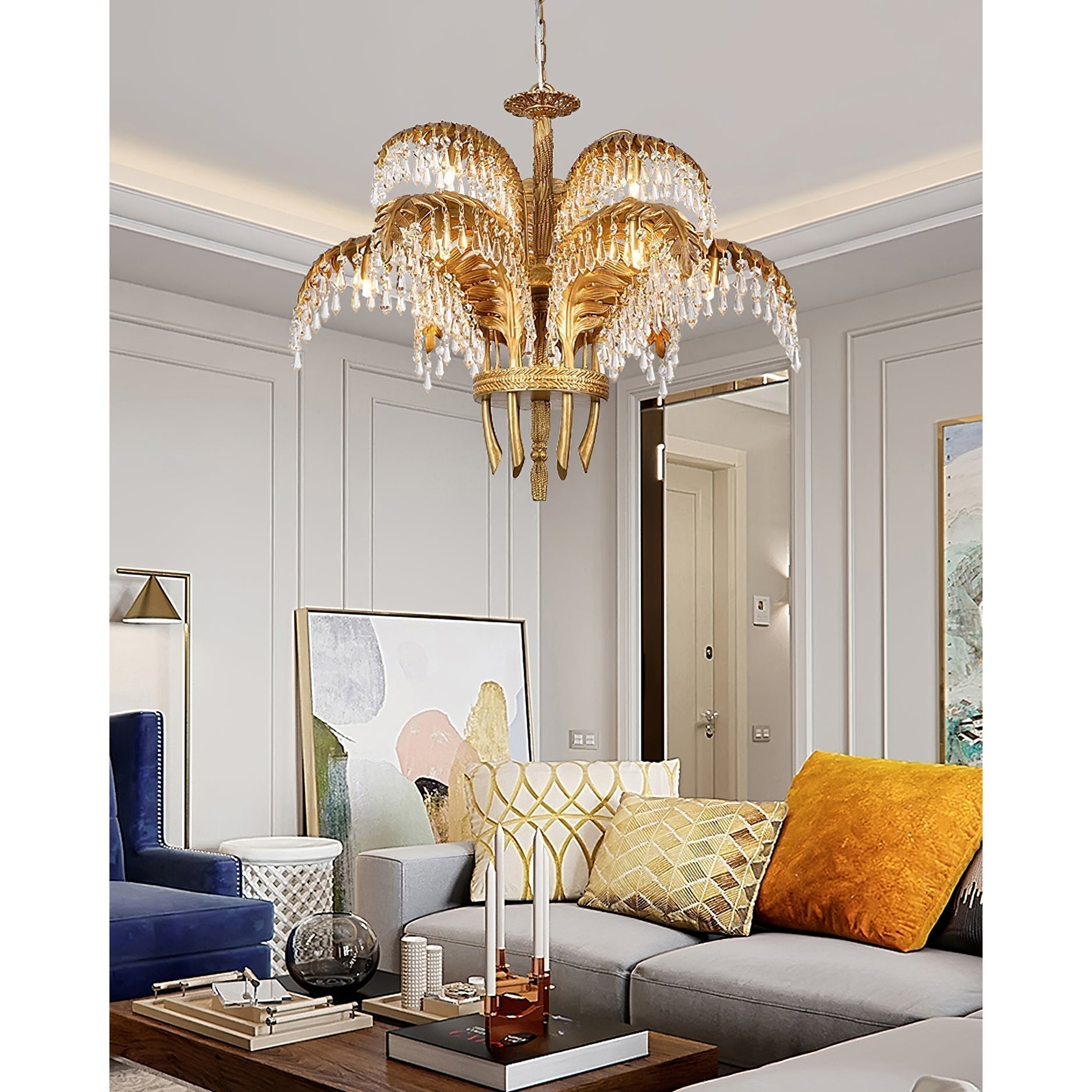 Italian Style Brass Palm Leaf Crystal Chandelier Vintage Flush Mount Ceiling Lamp