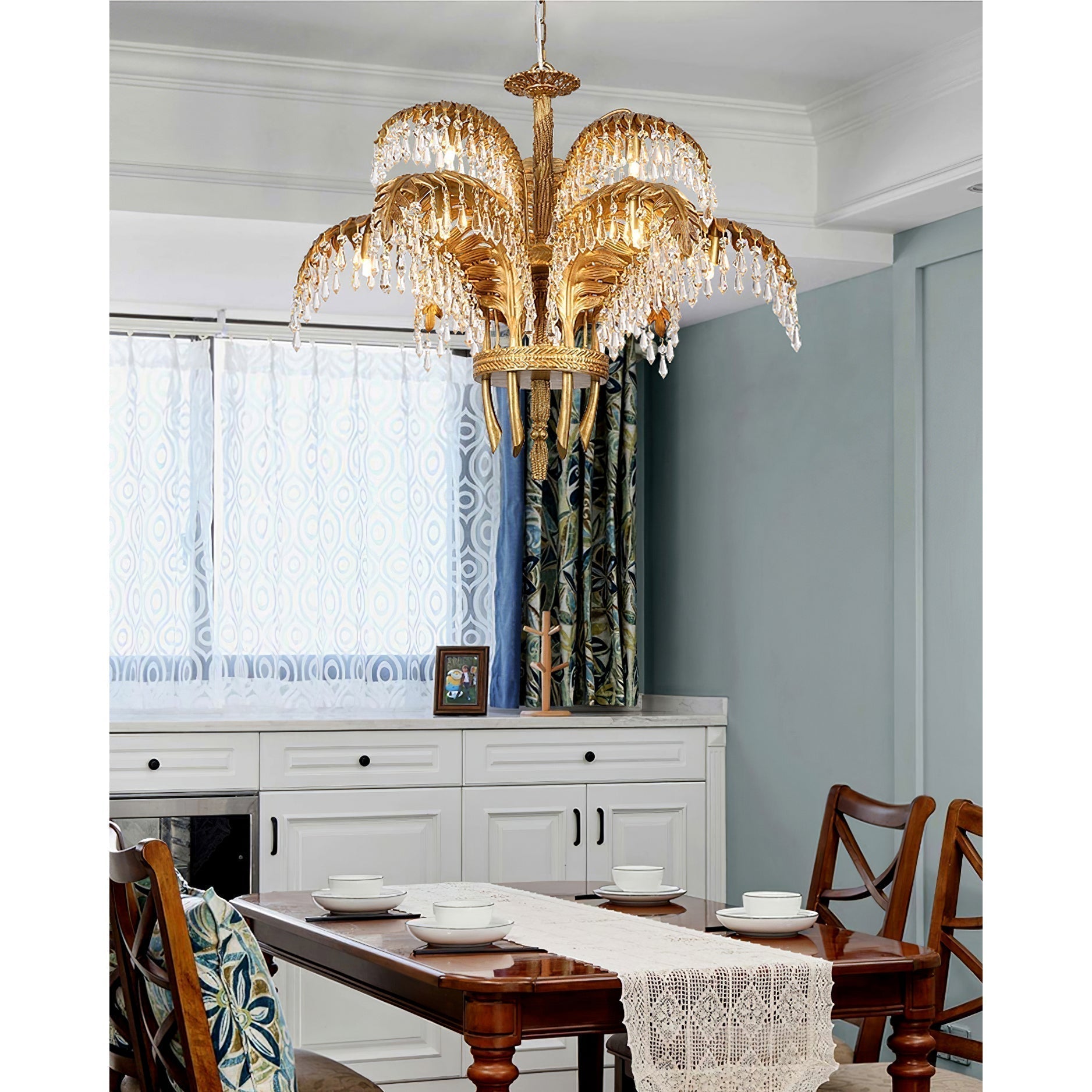 Italian Style Brass Palm Leaf Crystal Chandelier Vintage Flush Mount Ceiling Lamp
