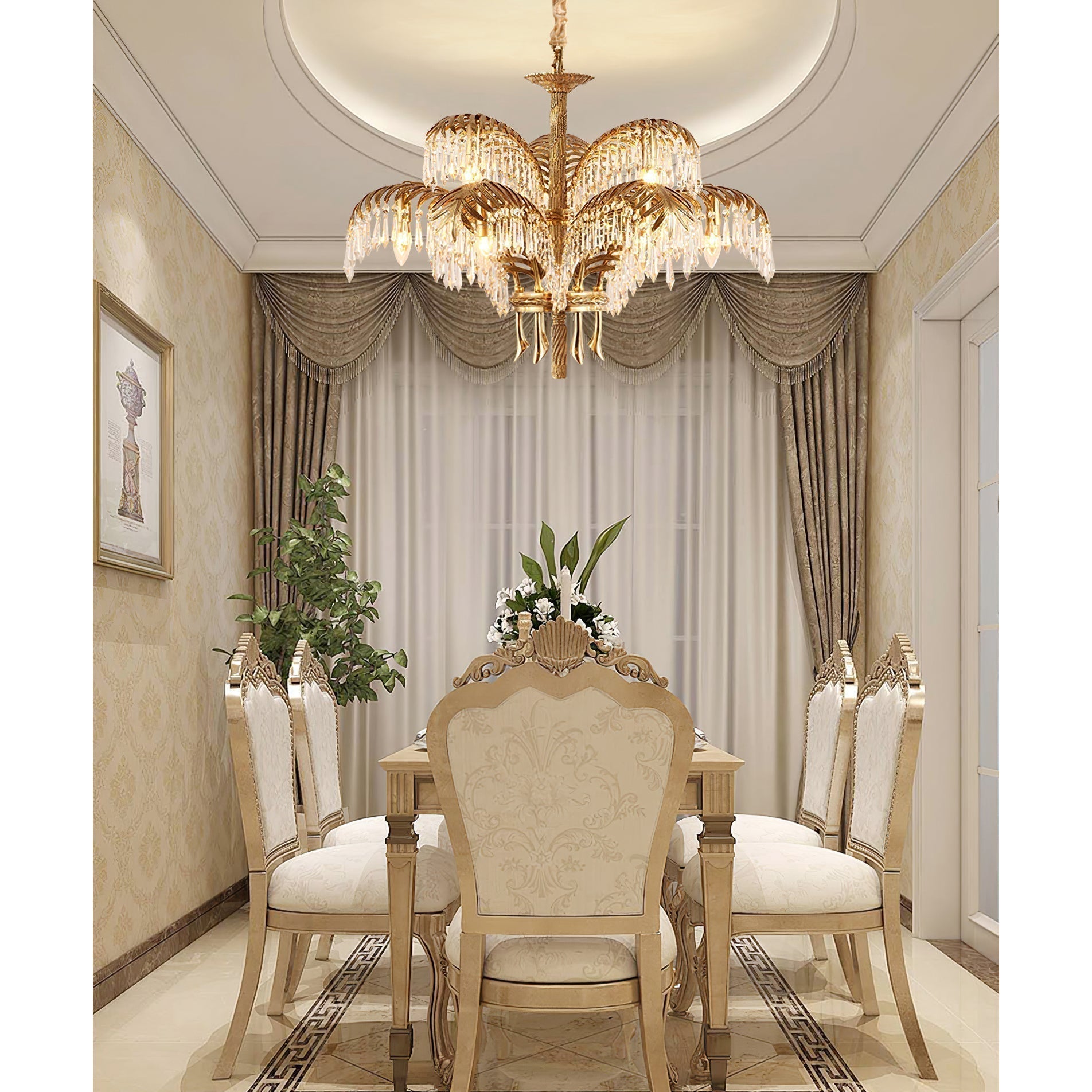 Italian Style Brass Palm Leaf Crystal Chandelier Vintage Flush Mount Ceiling Lamp