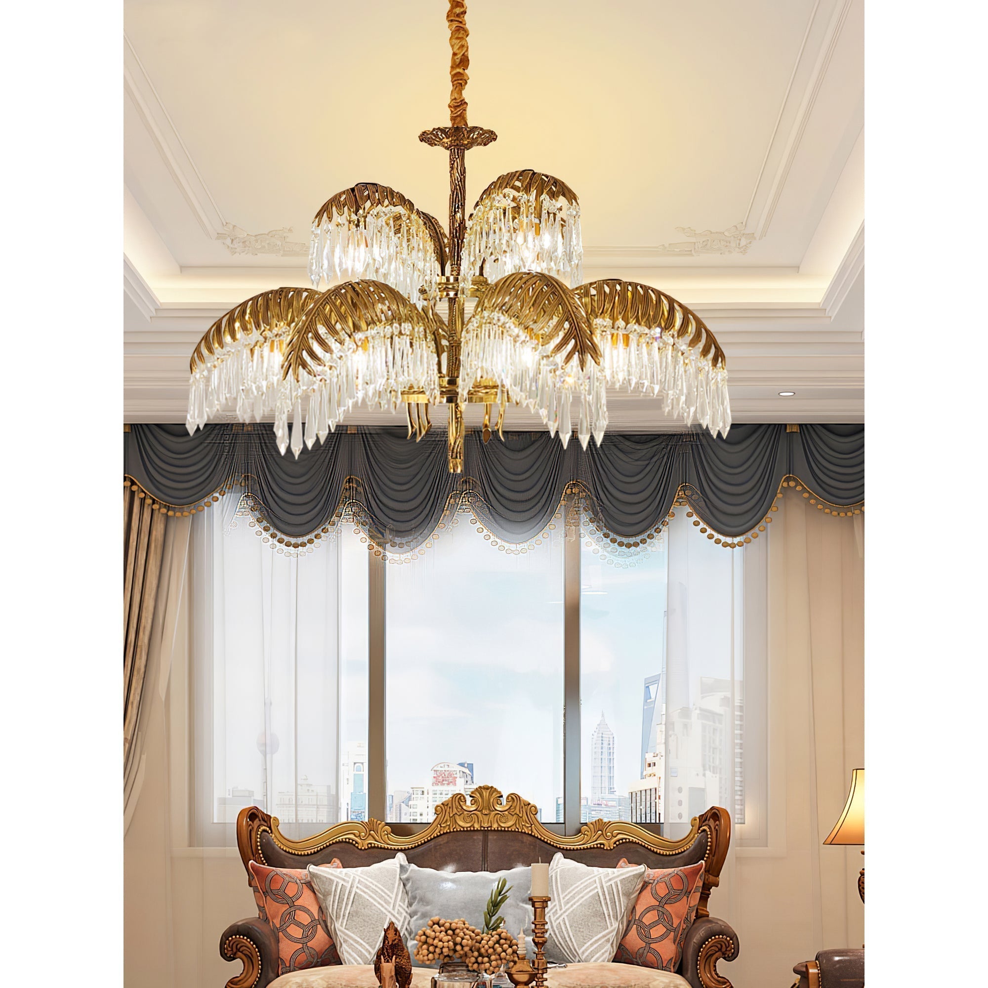 Italian Style Brass Palm Leaf Crystal Chandelier Vintage Flush Mount Ceiling Lamp