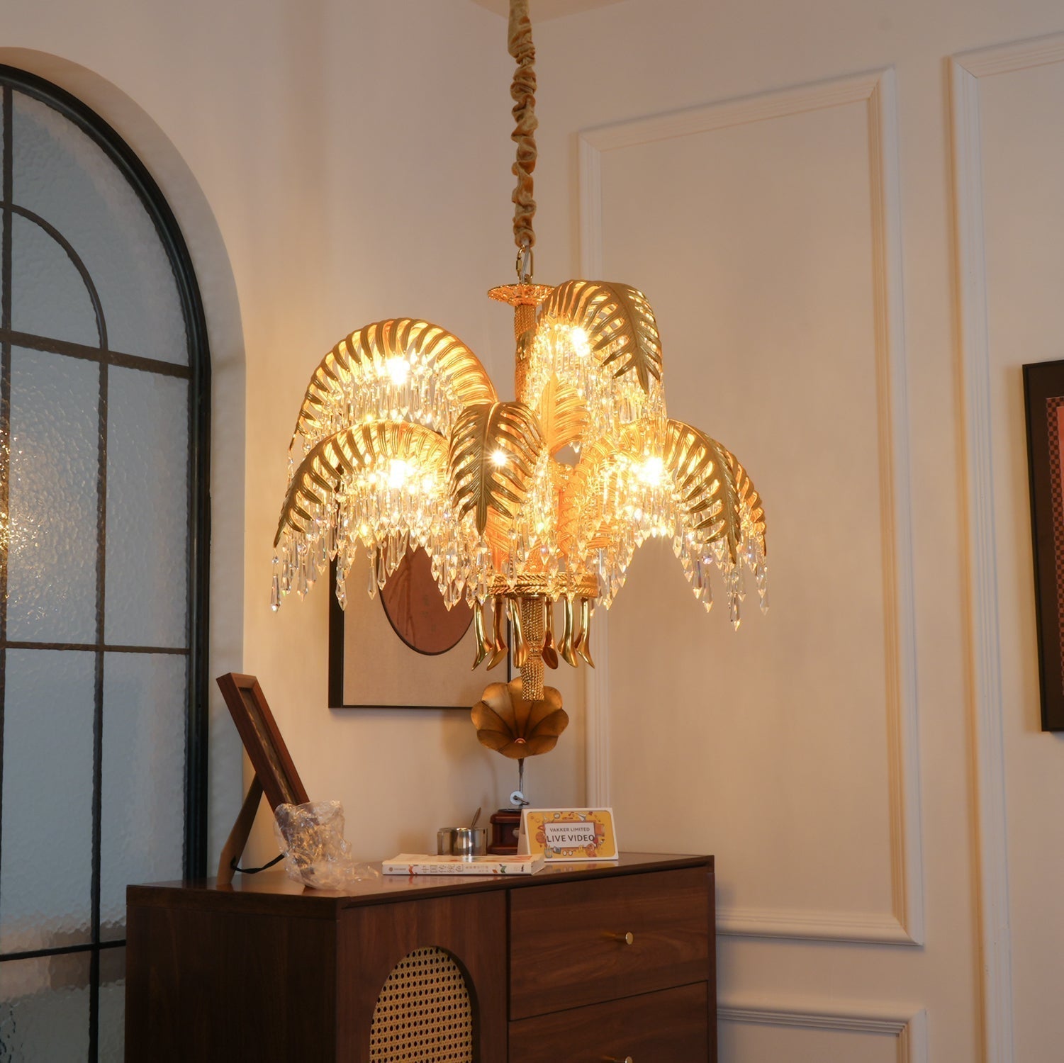 Italian Style Brass Palm Leaf Crystal Chandelier Vintage Flush Mount Ceiling Lamp