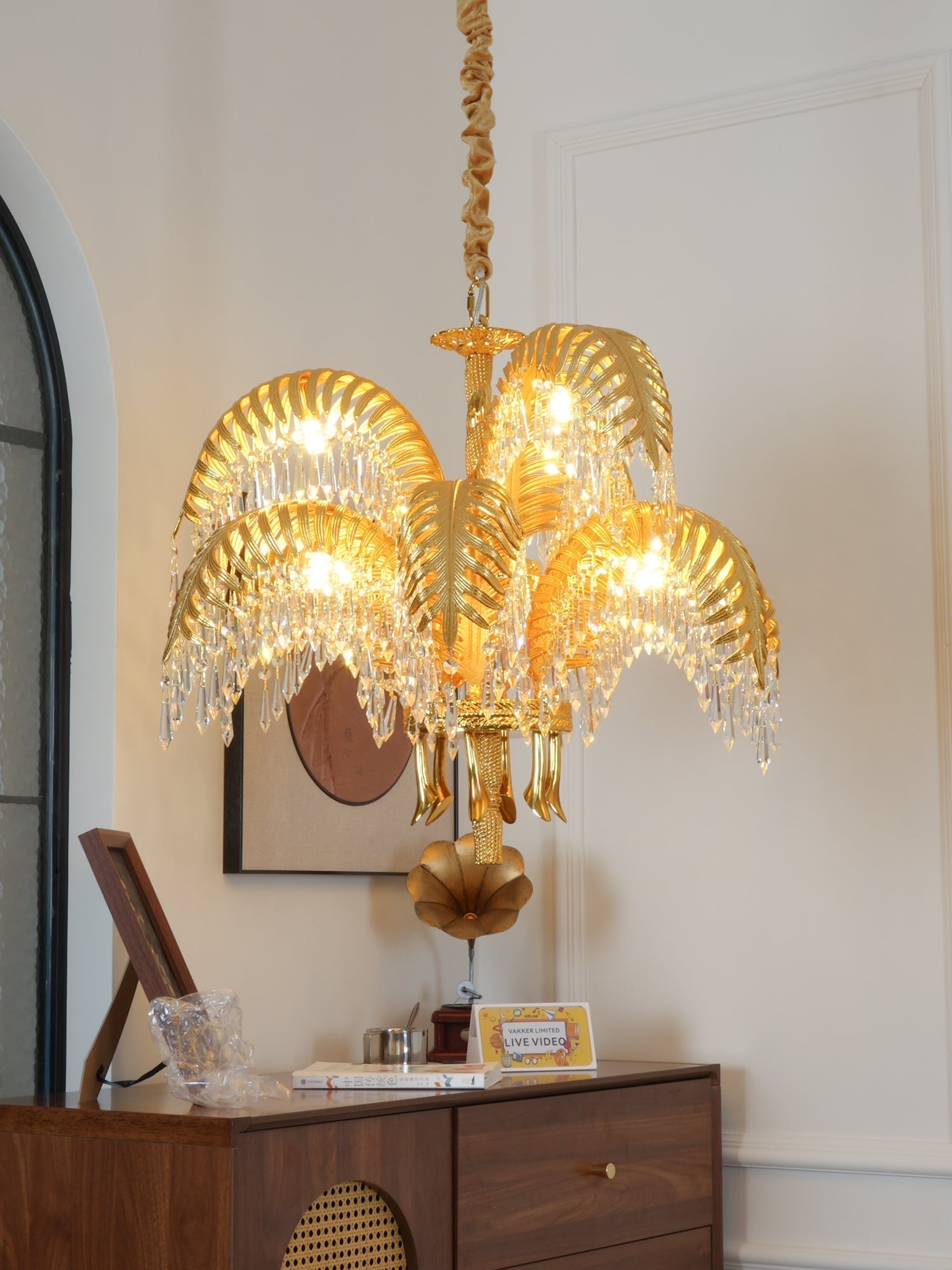 Italian Style Brass Palm Leaf Crystal Chandelier Vintage Flush Mount Ceiling Lamp