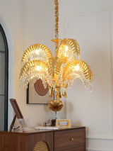 Italian Style Brass Palm Leaf Crystal Chandelier Vintage Flush Mount Ceiling Lamp