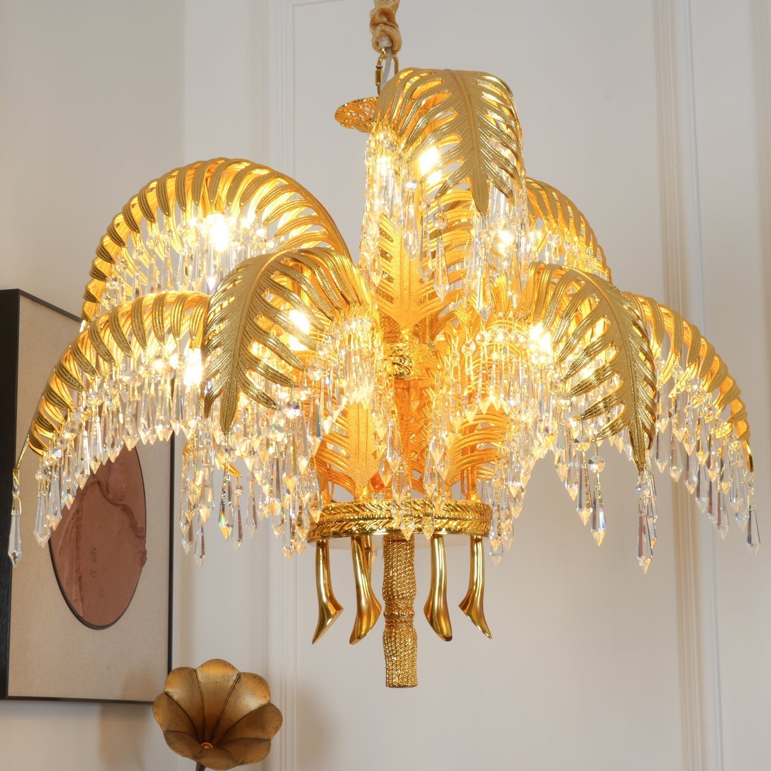 Italian Style Brass Palm Leaf Crystal Chandelier Vintage Flush Mount Ceiling Lamp