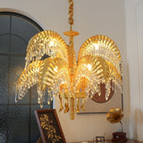 Italian Style Brass Palm Leaf Crystal Chandelier Vintage Flush Mount Ceiling Lamp