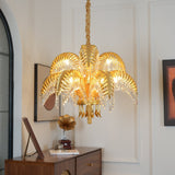 Italian Style Brass Palm Leaf Crystal Chandelier Vintage Flush Mount Ceiling Lamp